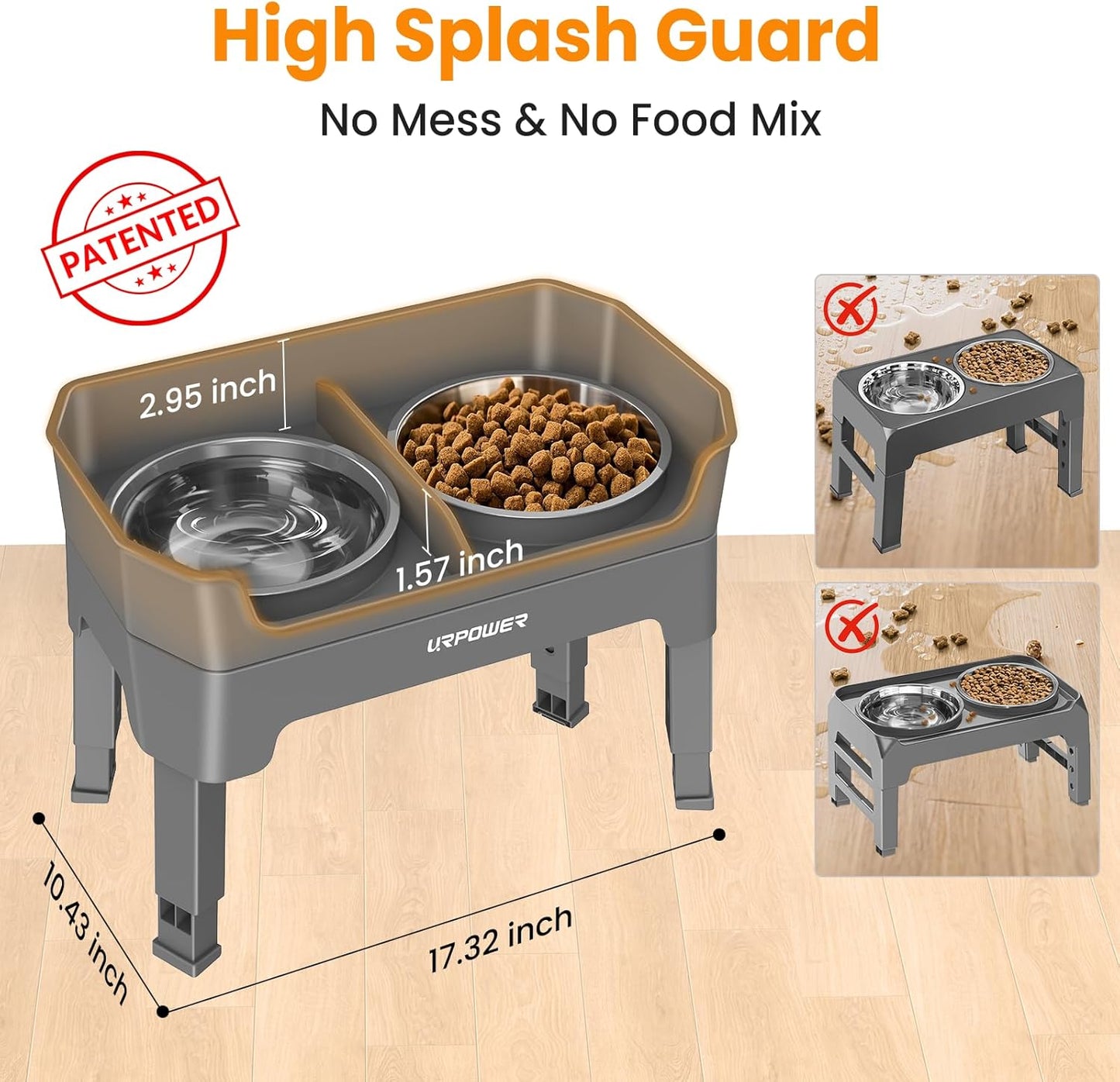 URPOWER 3-in-1 Elevated Dog Bowls - Mess Proof Double Deck 4 Height Adjustable Raised Stand with 2 Stainless Steel Food Bowls & Licking Plate for Small, Medium & Large Dogs
