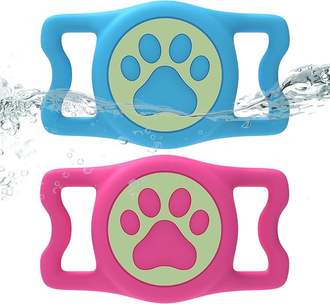 Dog Airtag Holder,[2-Pack] IP68 Waterproof AirTag Holder for Dog & Cat Collars,Silicone Air Tags Case for Pet Collars (Luminous Rose+Luminous Bule)