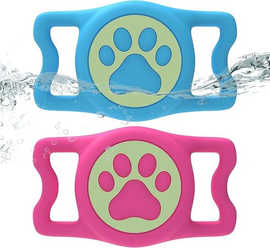 Dog Airtag Holder,[2-Pack] IP68 Waterproof AirTag Holder for Dog & Cat Collars,Silicone Air Tags Case for Pet Collars (Luminous Rose+Luminous Bule)