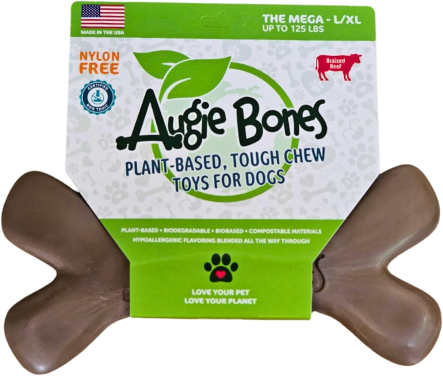 Non-Toxic Dog Toys - Sustainable Beef Flavored Dog Chew Toys for Aggressive Chewers - Plant-Based Bioplastic Pet Toys - Made in The USA (Mega)