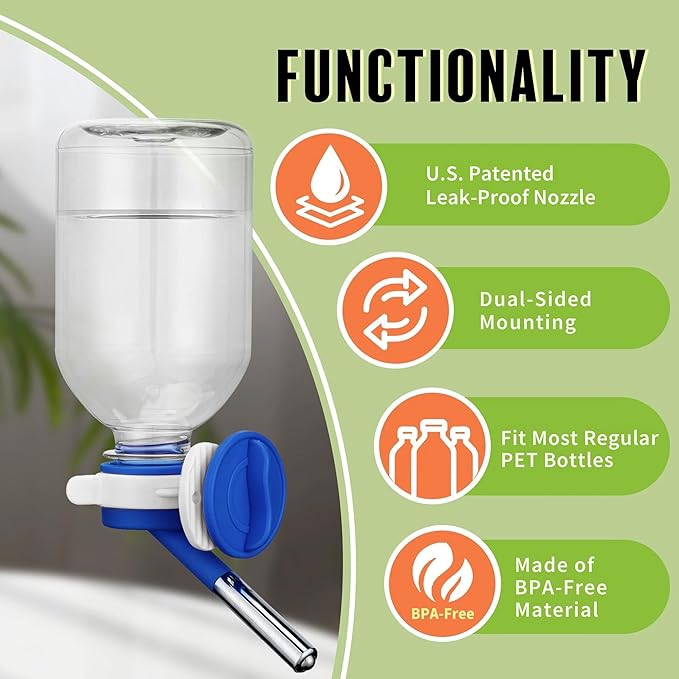 Choco Nose Patented No-Drip Water Bottle/Feeder for Guinea Pigs/Hamsters/Bunnies/Ferrets/Other Small Pets, Critters and Animals - for Cages, Crates or Wall Mount. 10.2oz. Nozzle 10mm, Blue (C128)