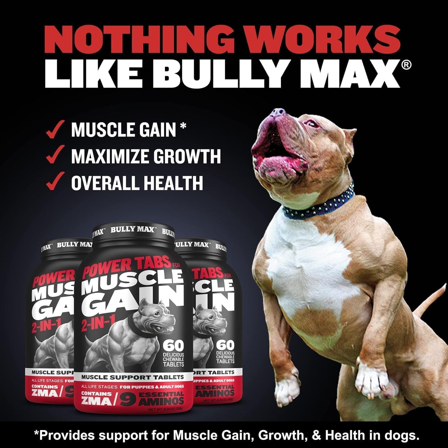 Bully Max 2-in-1 Muscle Builder Chewable Tablets for Puppies & Adult Dogs - Dog Vitamins & Supplements for Muscle Gain & Growth - Canine Puppy Multivitamins for All Breeds & Ages - 60 Tabs (2 Bottles)