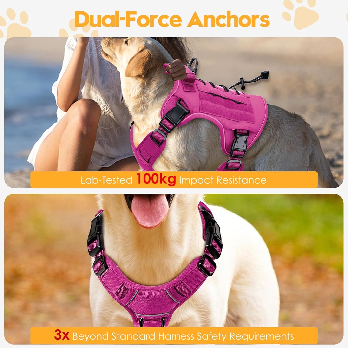 Heavy-Duty Tactical Dog Harness for Large Dogs, No Pull Adjustable Reflective Pet Vest with Molle System, K9 Military-Grade Control for Service Training, Outdoor & 10+ Breeds, Pink, XX-Large