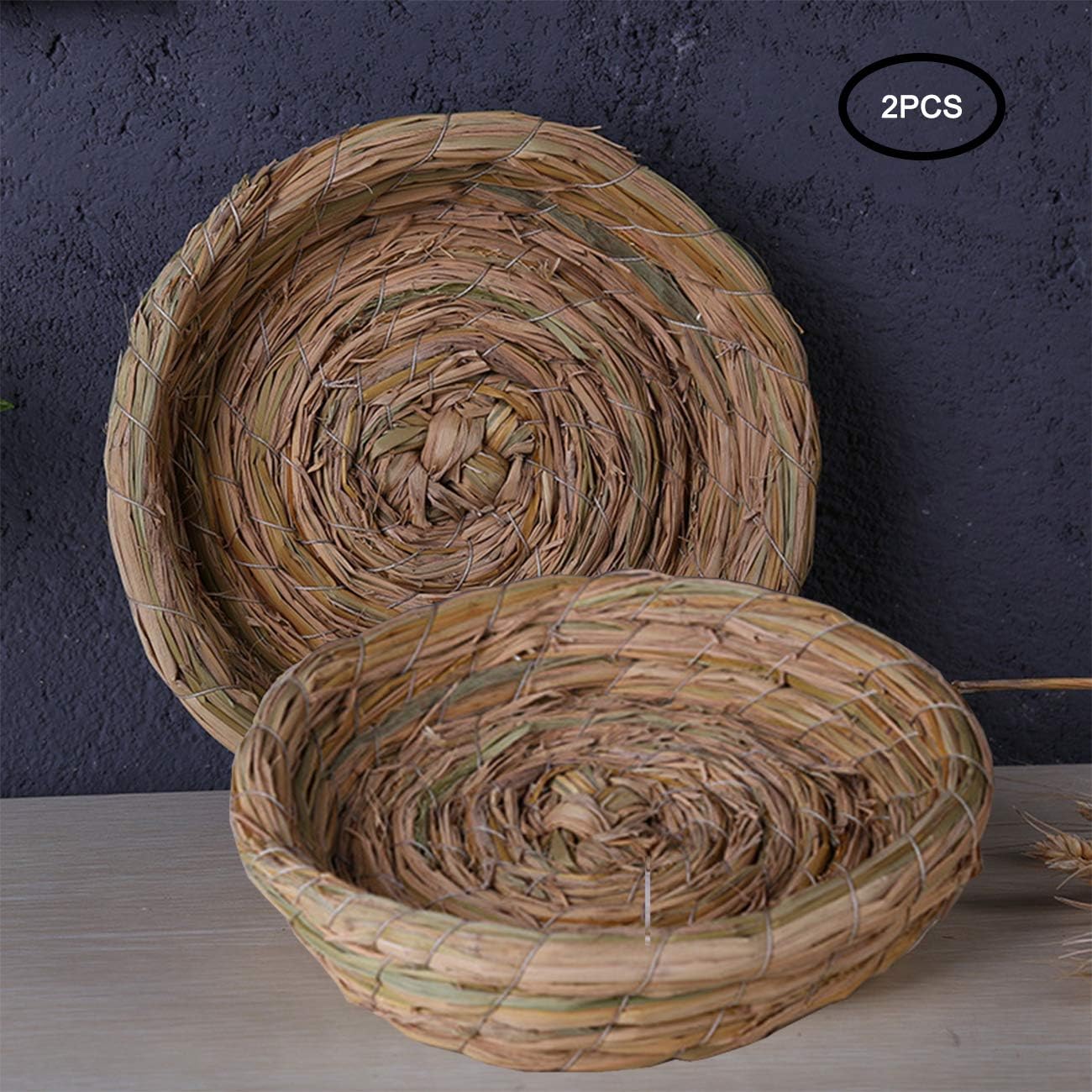 Orgrimmar 2PCS Handmade Woven Flat Base Straw Bird Nest Breeding Nest Hatch House Cage for Dove, Pigeon, Parrot, Rabbits, Hamster, Gerbil Guinea Pig, Chinchillas
