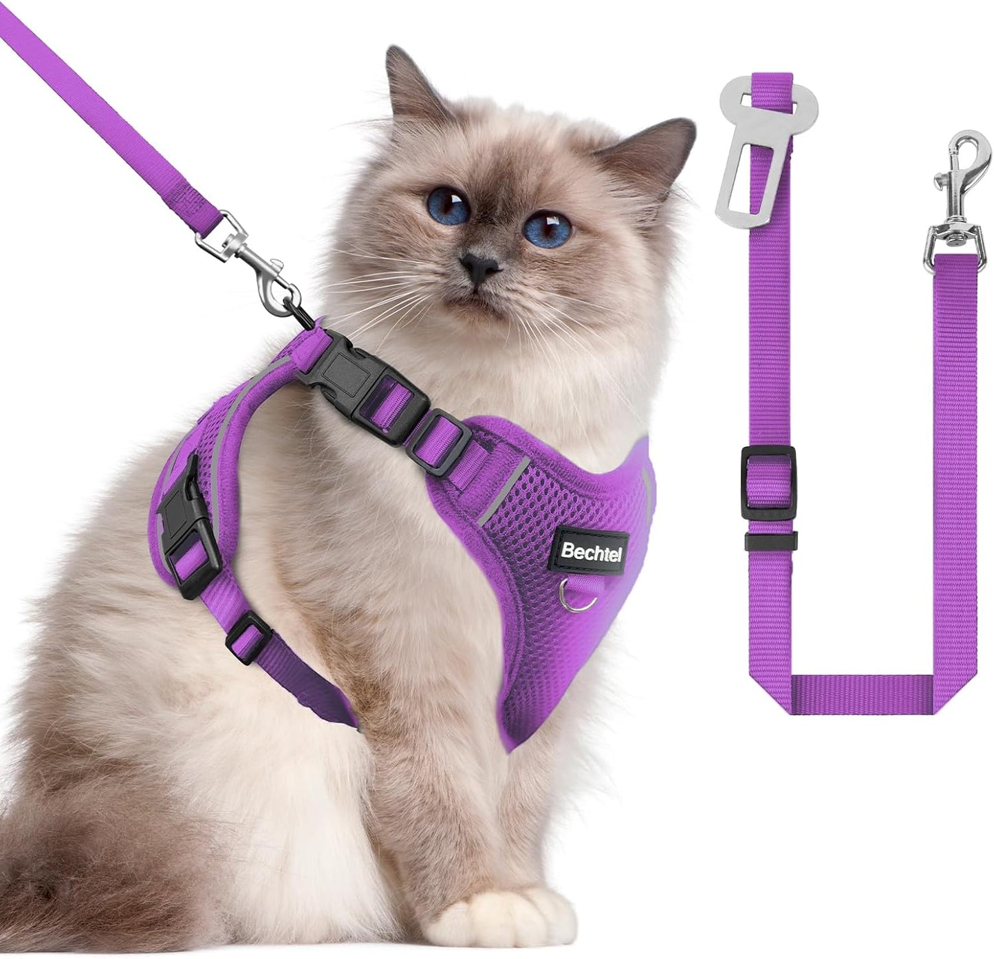 Cat Harness and Leash for Walking, The Upgrade Can be Adjusted in Four Directions and Breathable Cat Harness for Anti Escape That can be Fitted and Positioned, Reflective Strips Harness, Purple,M