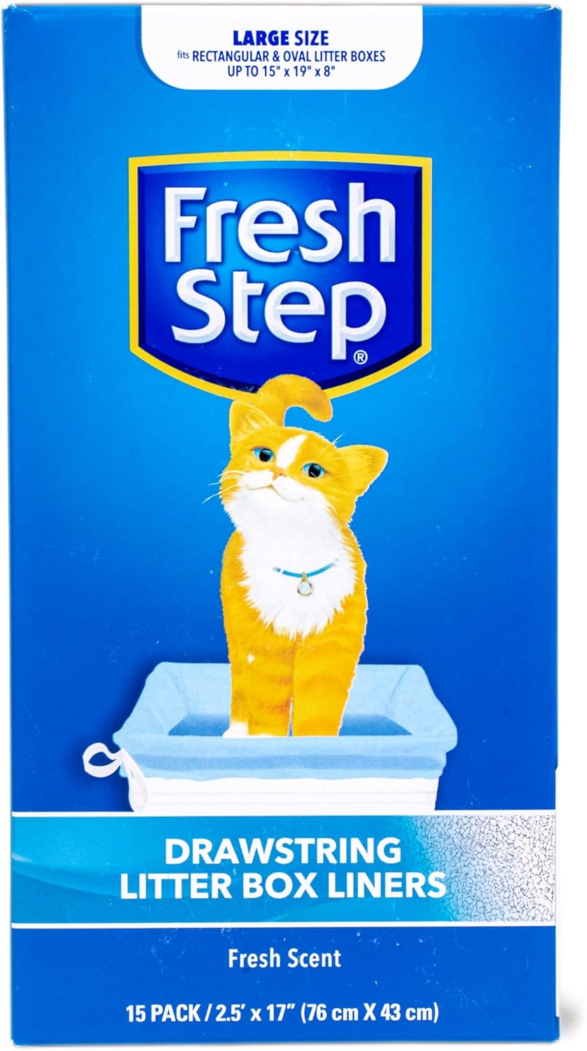 Fresh Step Drawstring Cat Litter Box Liners, Fresh Scent - Kitty Litter Bags for Rectangle or Oval Large Litterboxes, Size Large, 30" x 17" - 15 Count - 12 Pack