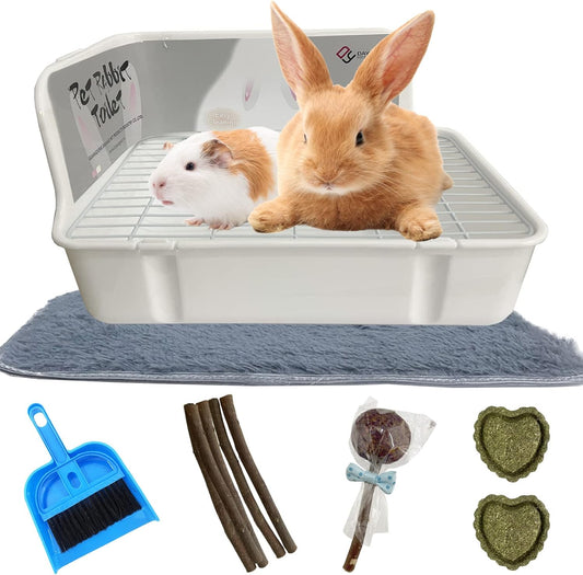 Rabbit Litter Box for Cage Corner Bunny Toilet Small Animal Potty Training with Dustpan Broom Chew Toys for Chinchilla Ferret Hedgehog Gerbil (10 Pcs)