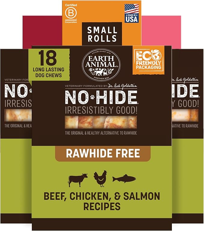 Earth Animal No Hide Small Long Lasting Dog Chew Rolls, Beef, Chicken and Salmon Variety Pack - 6 Count