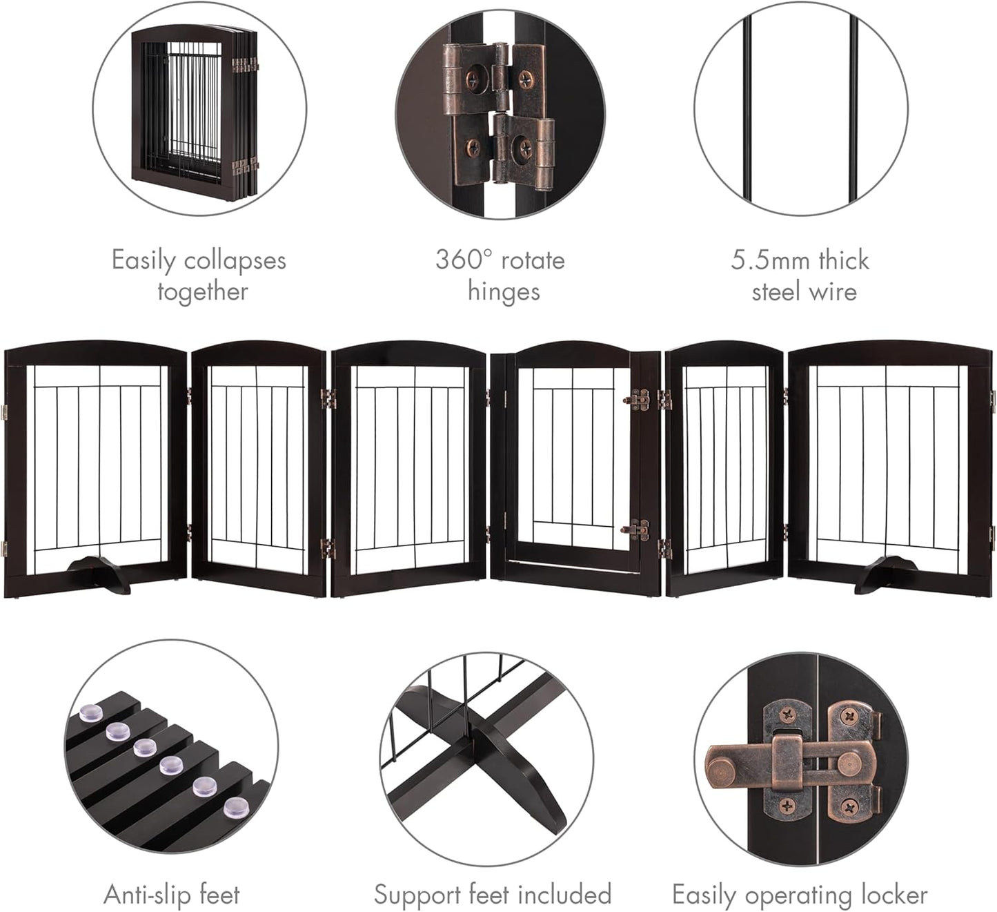 PAWLAND Dog Gate Indoor with Walk Through Door, Foldable Free Standing Pet Gate for Doorways, Stairs, The Houes, Pet Puppy Safety Fence, 120 in Extra Wide, 6 Panels, Support Feet Included, Espresso