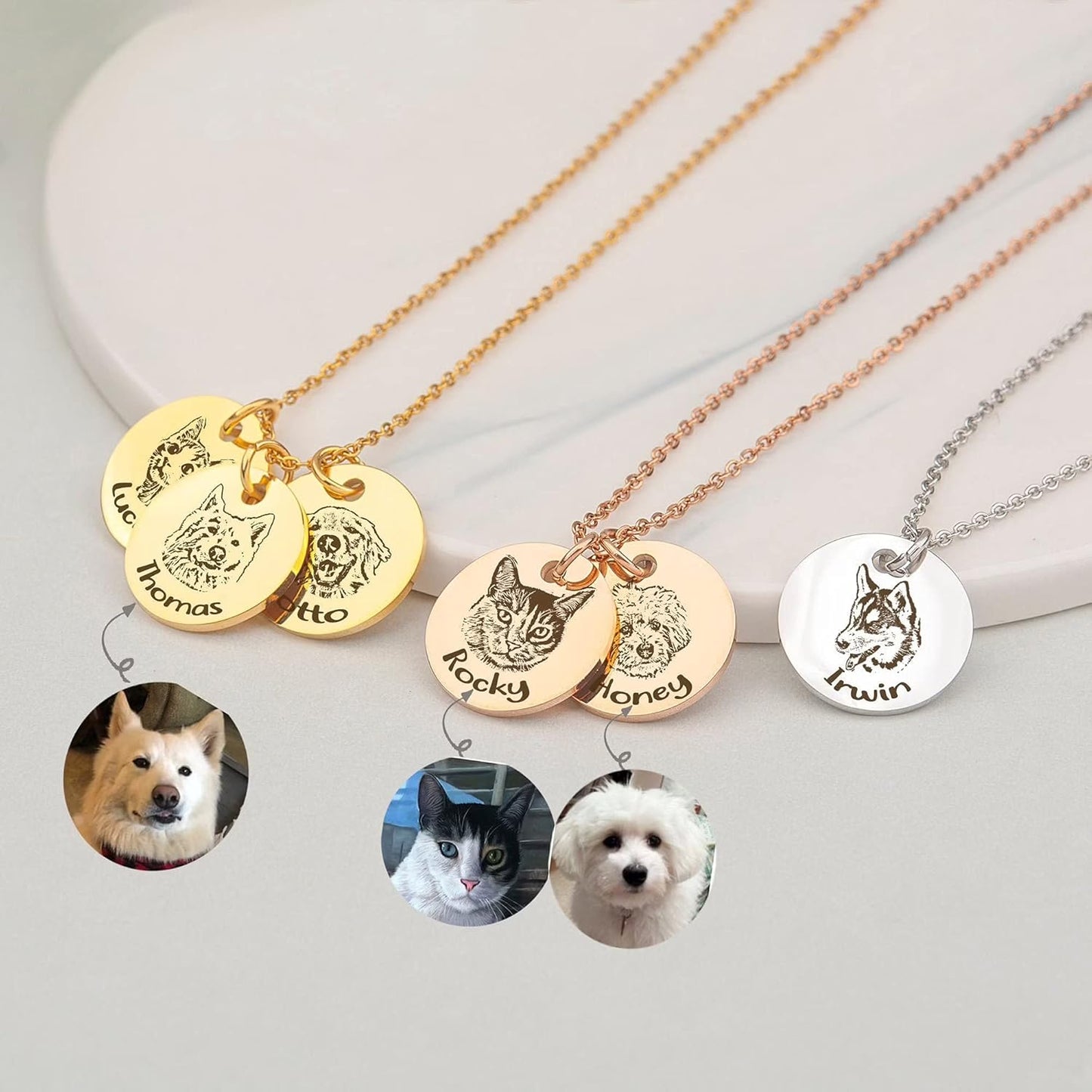 Anavia Personalized Pet Portrait Necklace, Handmade Memorial Jewelry Gift, Custom Round Disc Photo Engraved Necklace for Animal Lovers, Dog Mom, Dog Dad