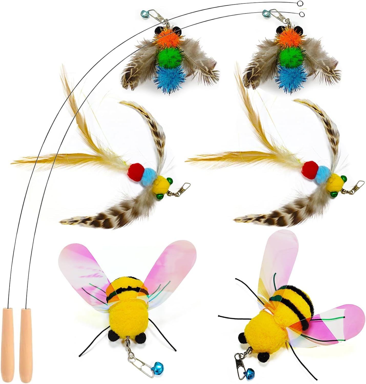 Kingtree Cat Teaser Wand Toys, 8 Pack Feather Wand Cat Toy Set with 6Pcs Insects Feather Refills & 2Pcs Flexible Steel Wire Teaser Wands, Interactive Pet Feather Toys for Play Chase Exercise