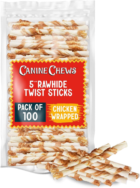 Canine Chews Chicken-Wrapped Rawhide Twists for Dogs - Pack of 100 U.S.A. Sourced Chicken Wrapped Rawhide Dog Treats, Sticks for Dogs - Premium & Natural Beefhide Chews
