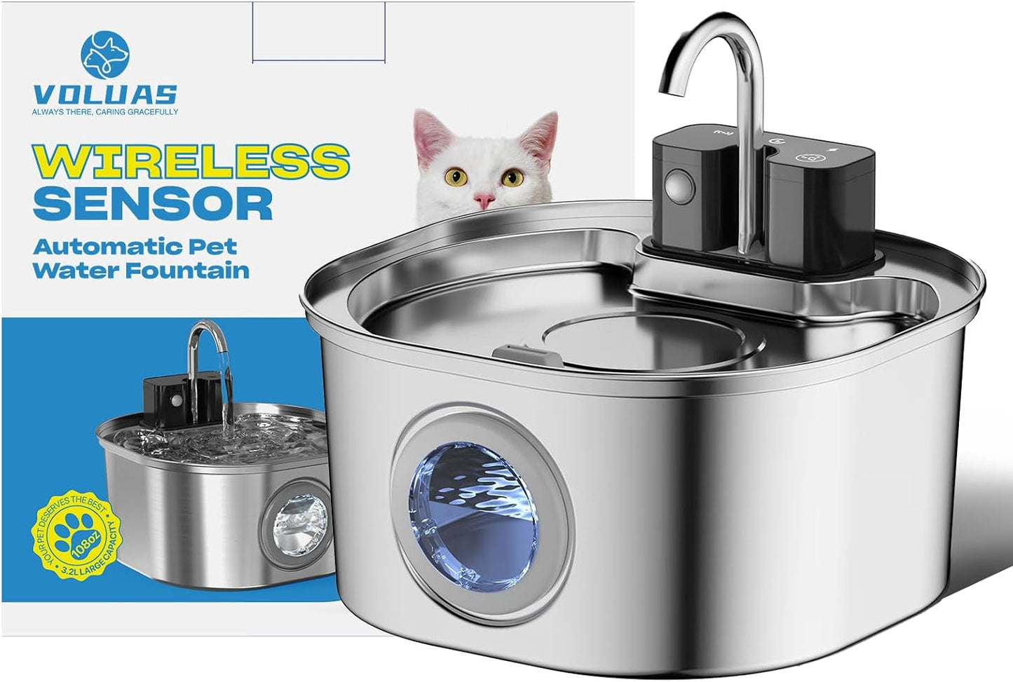 Voluas Wireless Cat Water Fountain Stainless Steel, 108oz/3.2L Battery Operated Cat Water Fountain,Automatic Cat Waterer Fountain with Motion Sensor, Ultra Quiet Pump- Cordless Pet Water Fountain