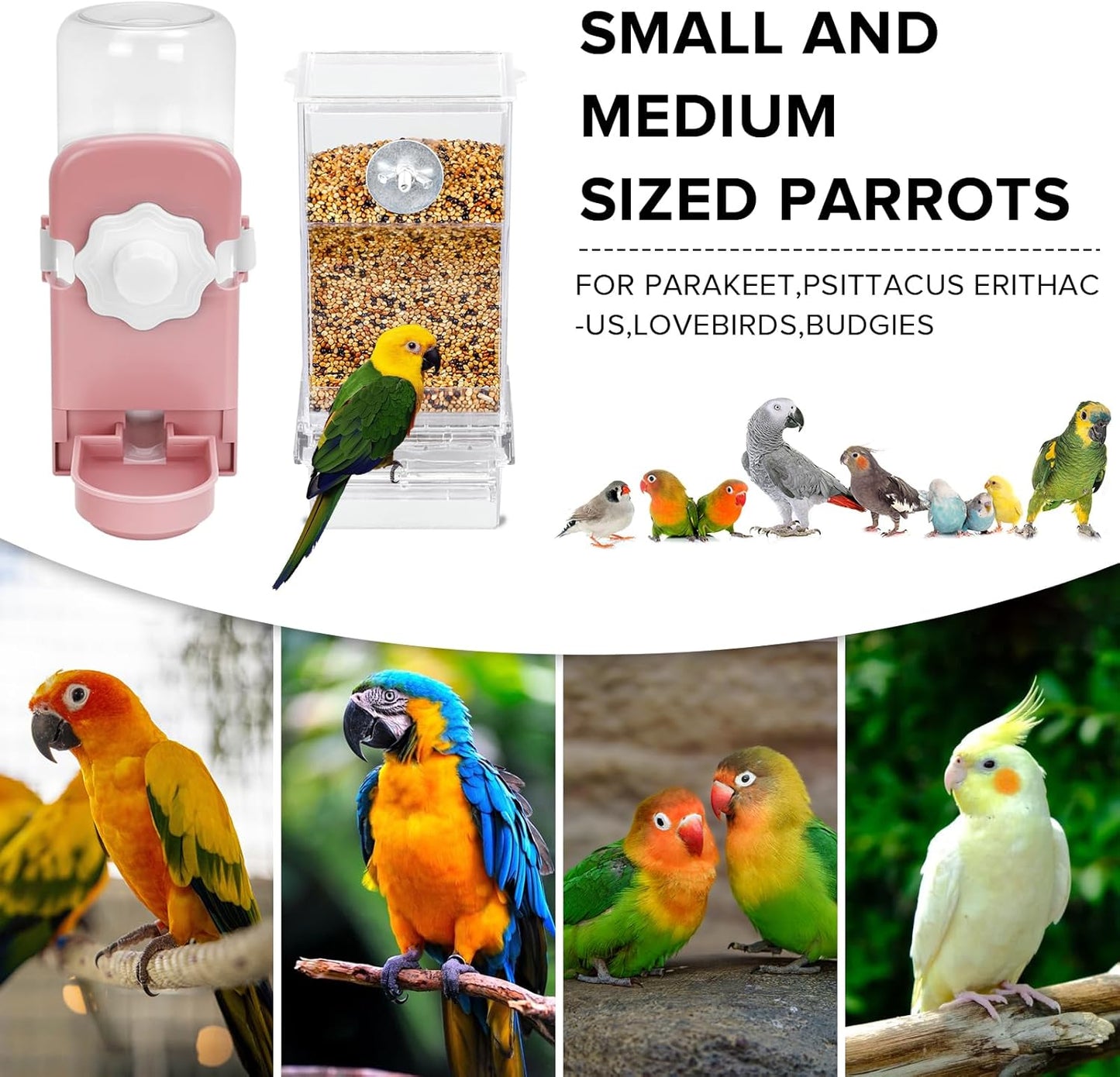 No Mess Bird Feeder Water Dispenser Set, Parakeet Cage Accessories, Bird Feeder and Waterers in Cage for Cockatiels, Finches, Lovebirds, Budgies, Canaries