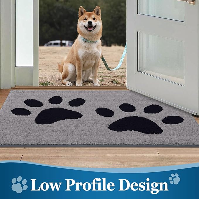 Buganda Dog Door Mat for Muddy Paws, Absorbent Dirt Trapper Washable Indoor Doormats, Non Slip Low-Profile Mud Mat for Dogs, Front Entrance Doormat for Inside Floor (48x30 Inches, Grey)