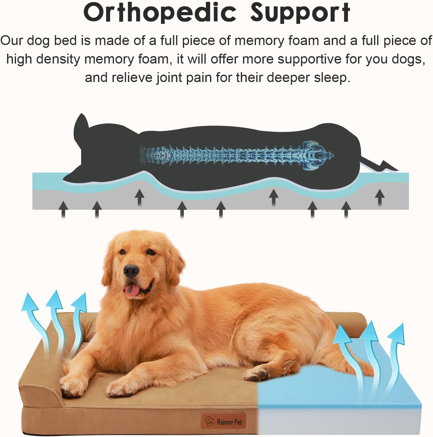 Orthopedic Dog Beds Large Sized Dog, Memory Foam Pet Bed for Medium and Large Dogs, Removable and Washable Microsuede Cover, TPU Waterproof Liner, Nonskid Bottom, 44x32x6 Inches, Khaki