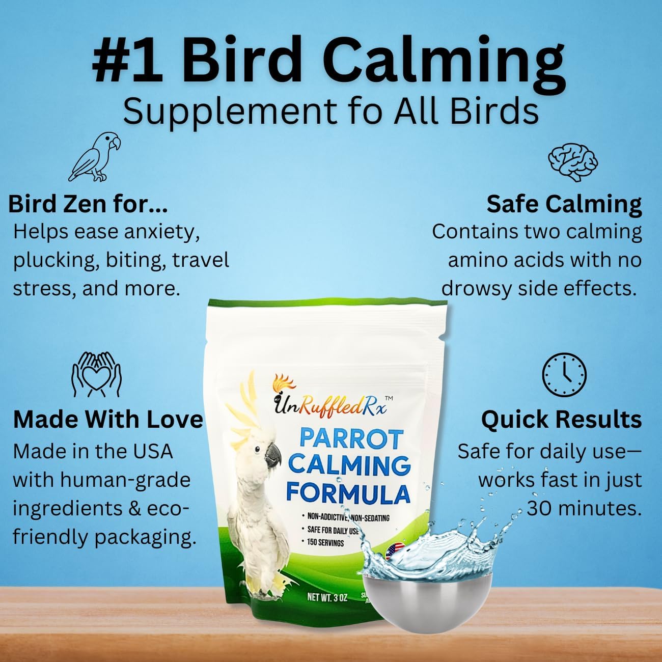 UnRuffledRx™ Calming Formula for Parrots – Helps Birds Stay Chill During Fireworks, Visitors & Travel – Soothes Screaming, Biting, Plucking – 224 Servings