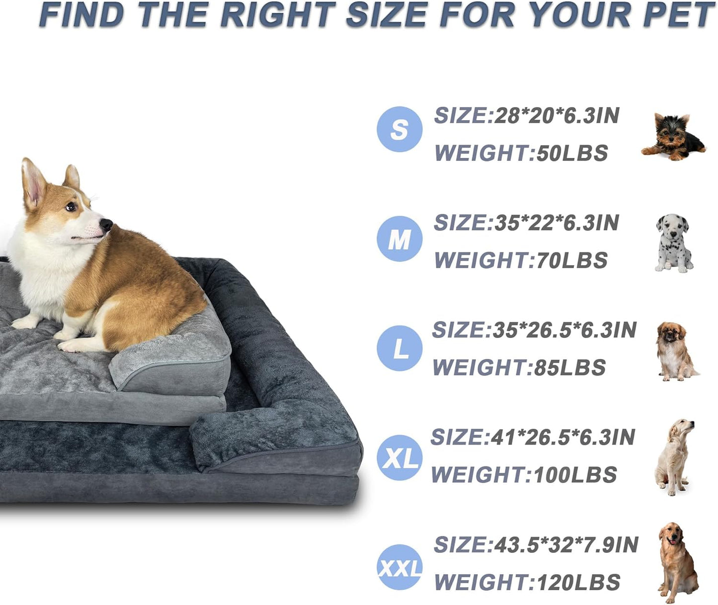 Dog Bed for Medium Size Dogs with Removable Washable Cover Pet Bed Large Orthopedic Dogs Bed with Sides Egg-Crate Foam Dog Couch Waterproof Memory Foam Non-Slip Bottom-S(28'*20')-Grey
