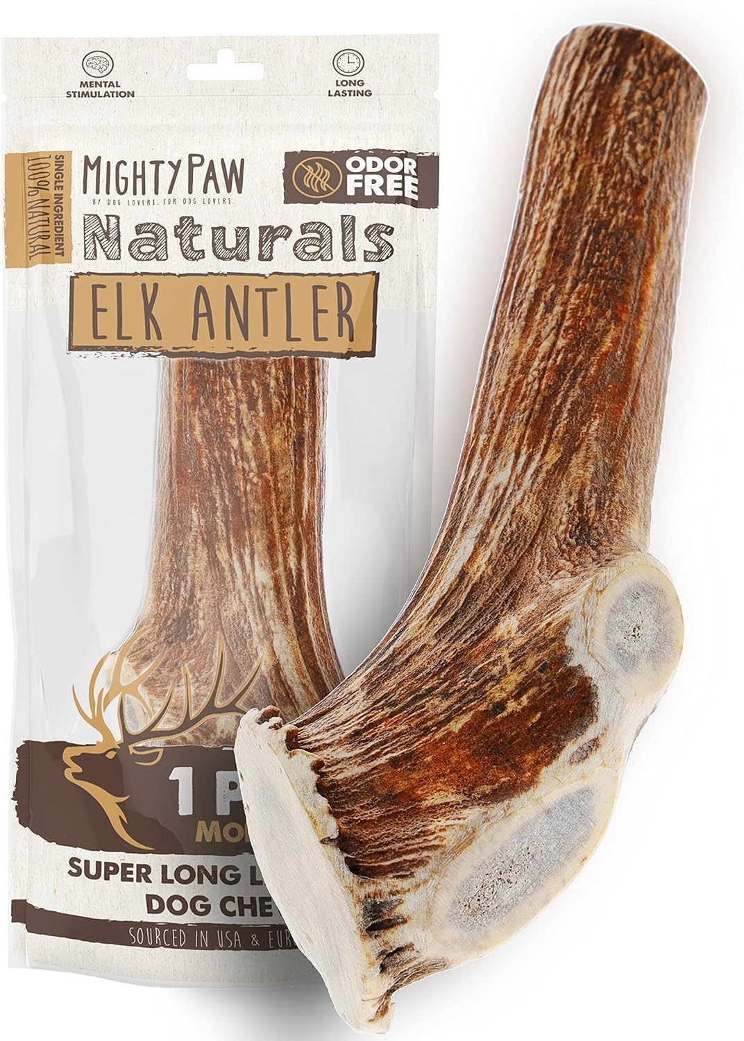 Mighty Paw Split Elk Antlers for Dogs (Sourced in The USA) | 1 Whole Monster 8"+ Long Lasting Bones for Aggressive Chewers - Naturally Shed Split Deer Antler for Dogs - Low Odor Chews (Pack of 1)