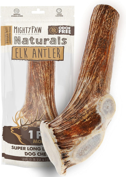 Mighty Paw Split Elk Antlers for Dogs (Sourced in The USA) | 1 Whole Monster 8"+ Long Lasting Bones for Aggressive Chewers - Naturally Shed Split Deer Antler for Dogs - Low Odor Chews (Pack of 1)