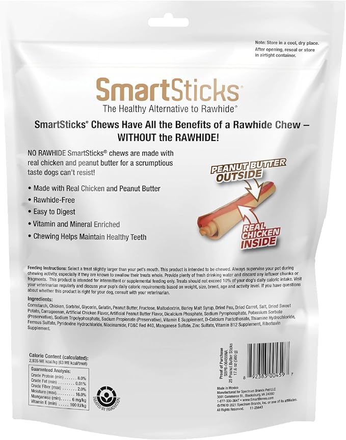 SmartBones SmartSticks With Real Peanut Butter, 25 Count, Treat Your Dog to a Rawhide-Free Chews For Dogs