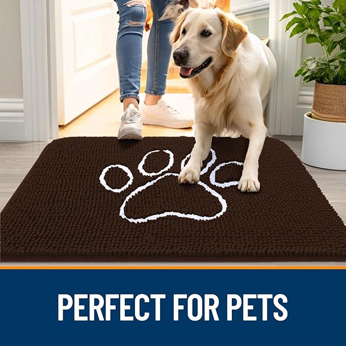 OLANLY Door Mat for Muddy Dog Paws 30x20, Ultra Absorbent Chenille Mud Doormat with Paw Print Design, Non-Slip Washable Doormat for Indoor Entryway, Quick-Dry Pet Bed Mats for Dirty Dogs, Brown
