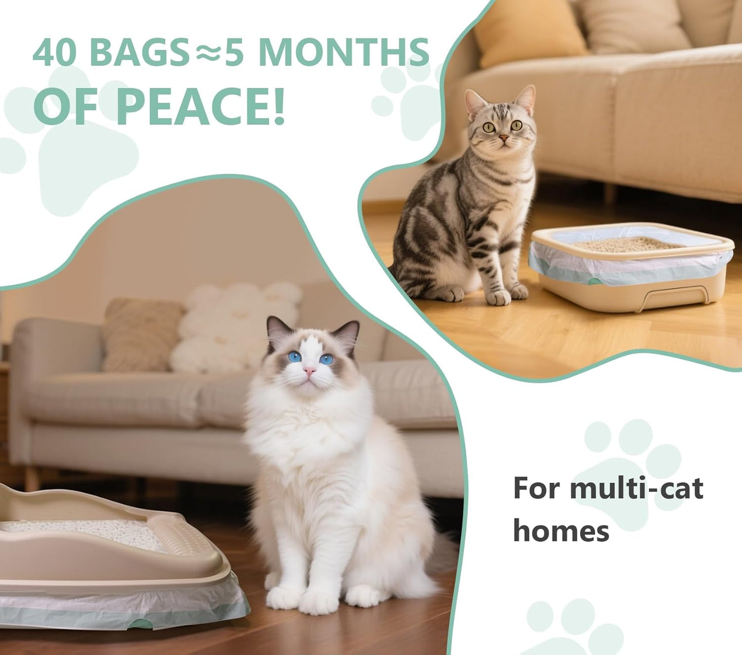 Jumbo Cat Litter Box Liners 40 Ct - Extra Large 37" x 18" Drawstring Litter Pan Liners, 2 Mil Thick Scratch-Resistant, Fits Deep Litter Pans(Pans up to 18") - Leakproof Tear Proof