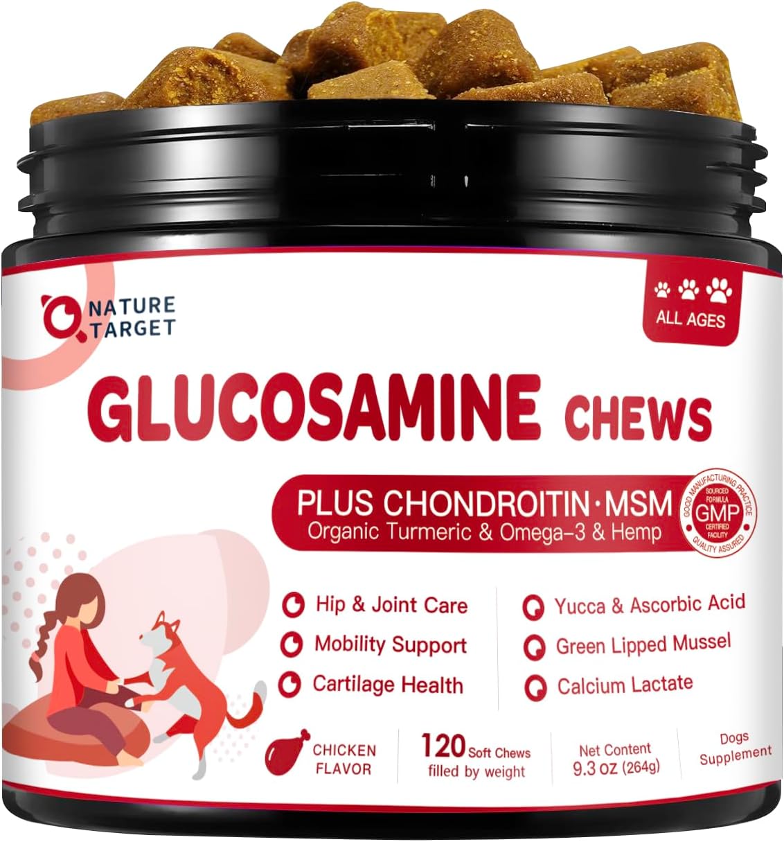 NATURE TARGET Glucosamine for Dogs, Joint Supplement with Chondroitin, MSM, Omega-3, Hemp for Pain Relief, Hip & Joint Chews for Dogs with Calcium for Bone Health, 120 Soft Chews
