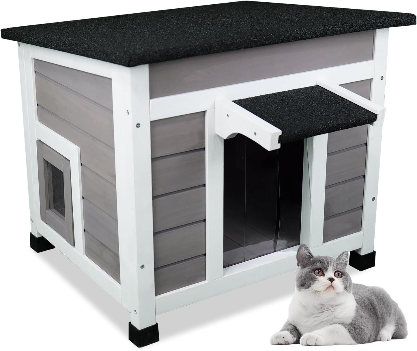 Cat House Outdoor/Indoor All-Weather Wooden Shelter with Openable Asphalt Roof for Feral Cats & Small Animals