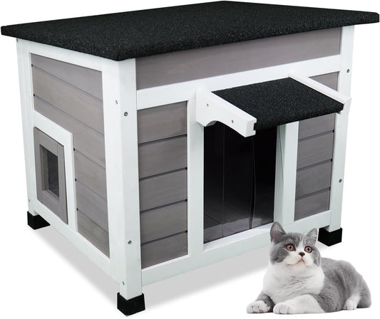 Cat House Outdoor/Indoor All-Weather Wooden Shelter with Openable Asphalt Roof for Feral Cats & Small Animals