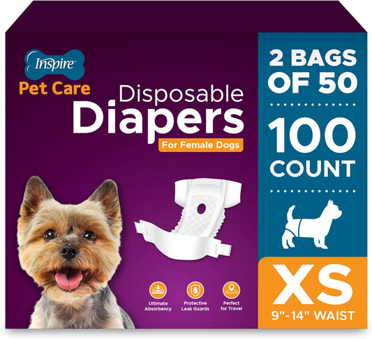 Inspire Pet Care Dog Diapers Female Dogs | Bulk Value Doggie Incontinence, Accidents, for Heat, Pee or Period and Housebreaking (X-Small (100 Count))