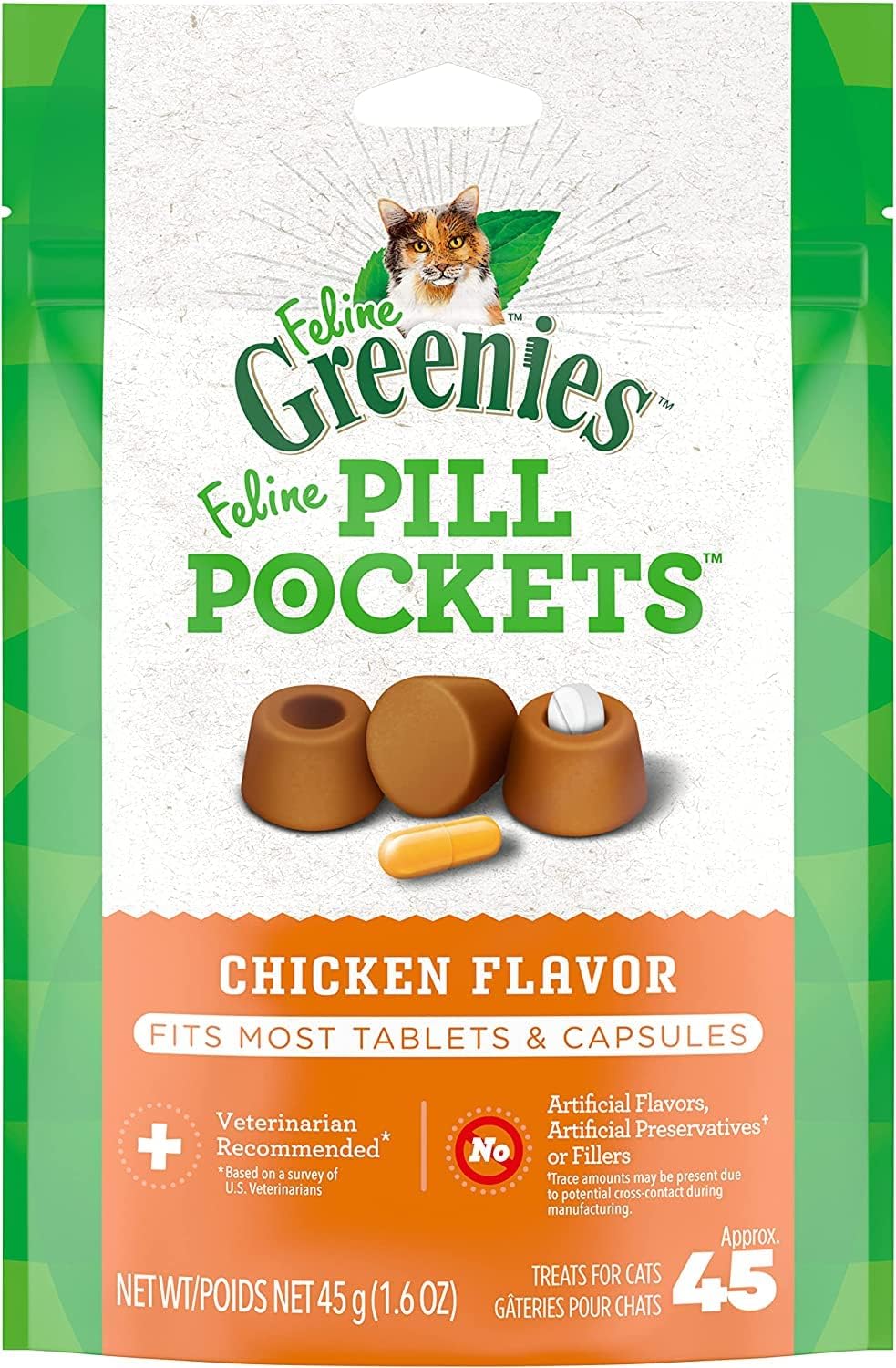 Greenies Feline Pill Pockets Treats for Cats Chicken Flavor - 1.6 oz. 45 Count (Pack of 6)