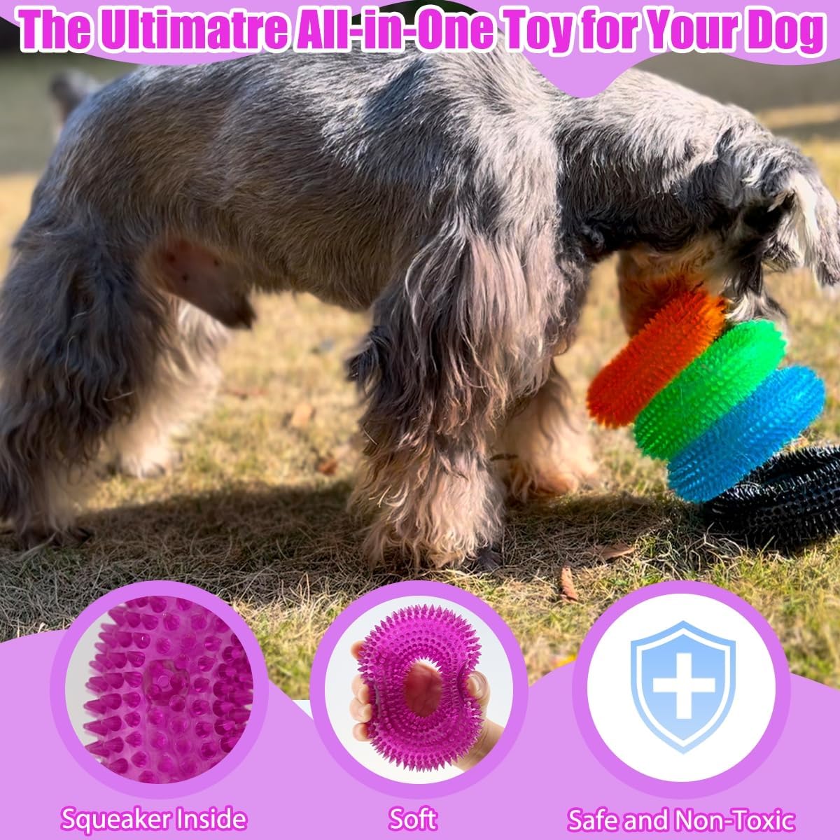 ADUCK Dog Squeaky Chew Toys for Aggressive Chewers, Small Medium Large Dogs Teeth Cleaning Soft Natural Rubber Float Toy for Indoor Outdoor Water Pool, Donut Ring Design 4.92 inch, Crystal Purple