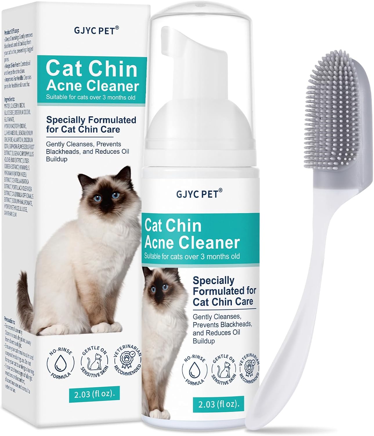 Cat Chin Acne Cleaner – No-Rinse Blackhead & Pimple Remover with Brush – Gentle Formula for Sensitive Feline Skin, Oil & Debris Control, 2.03 fl oz