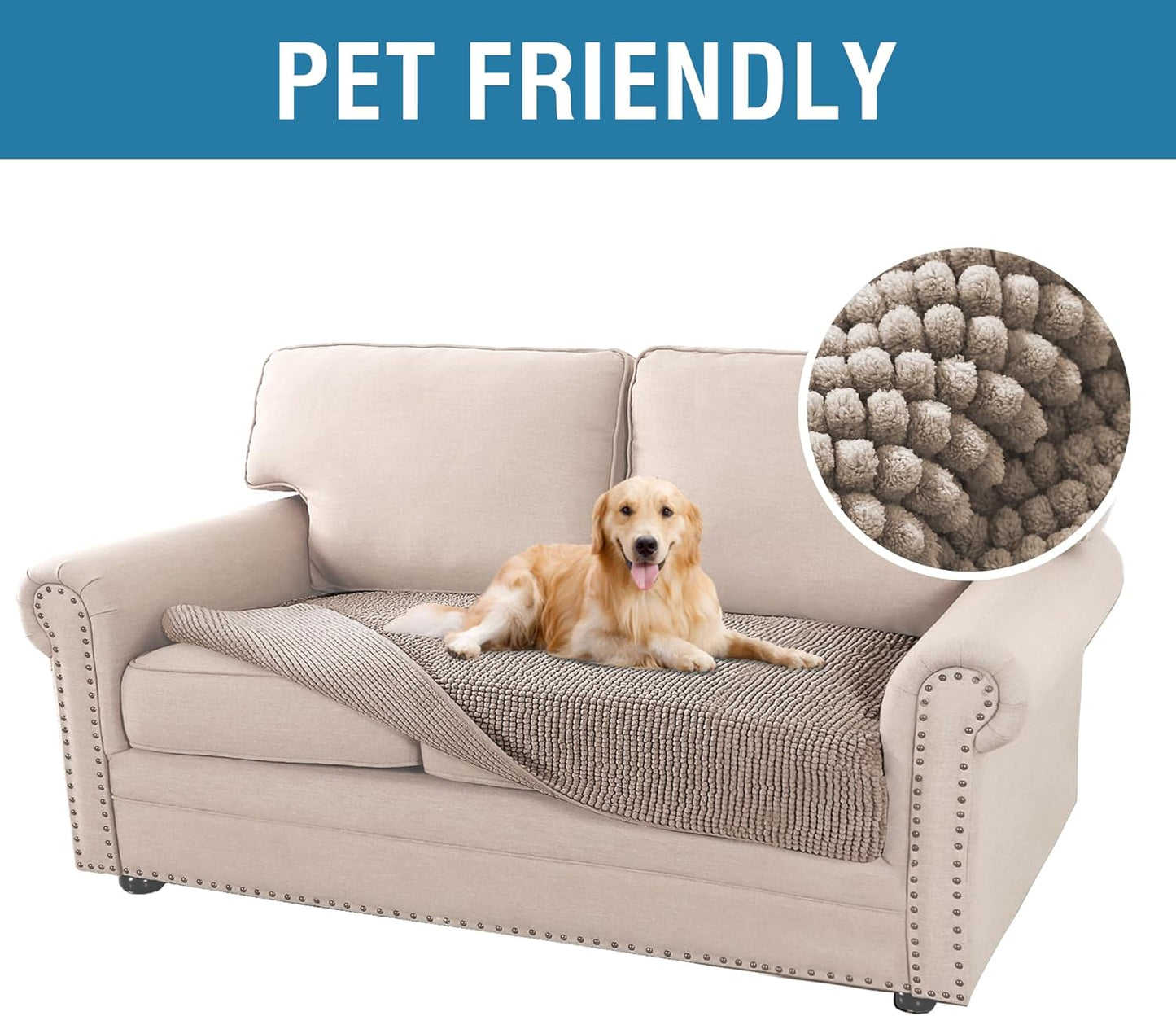 H.VERSAILTEX Plush Chenille Couch Protector Dog Bed Cover Thick Soft Loveseat Cover for 2 Cushion Couch Anti Slip Couch Cover Furniture Protector for Dog, Pet, Cat (35" x 62", Taupe)