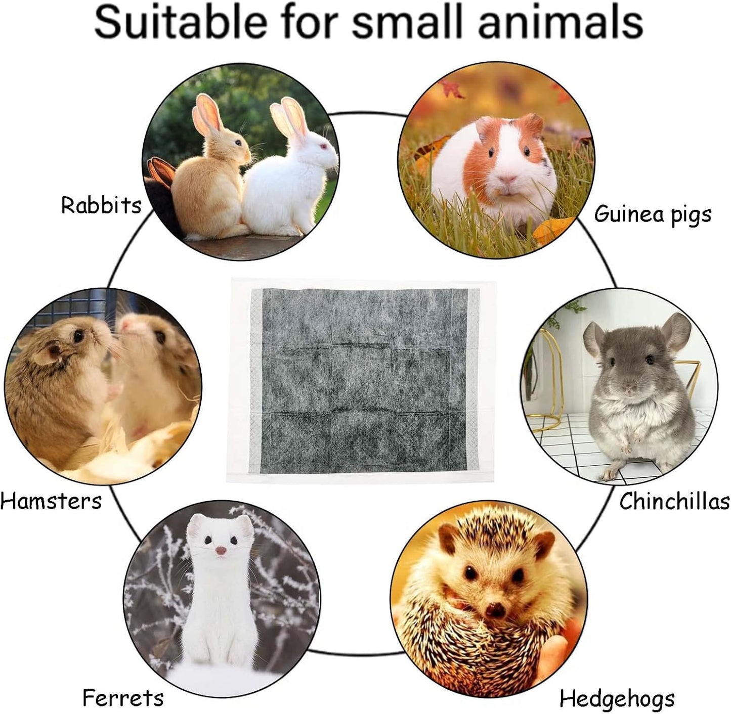 Tfwadmx 50 Pcs Rabbit Pee Pads Guinea Pig Super Absorbent Cage Liners Bunny Disposable Black Carbon Diapers Small Animal Training Accessories with Quick-Dry Surface for Chinchilla Ferret Hamster