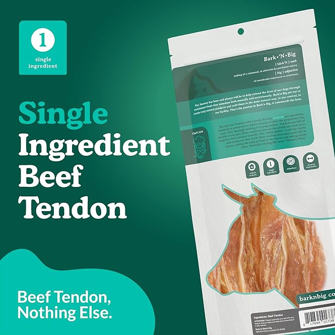 BARK'N BIG Beef Tendons for Dogs Made in USA - Single Ingredient Dog Treat - Premium All-Natural 100% USA Beef, High Protein, Low Fat, Tendon Chews for Dogs - 8-12 Inch - 12 Ct