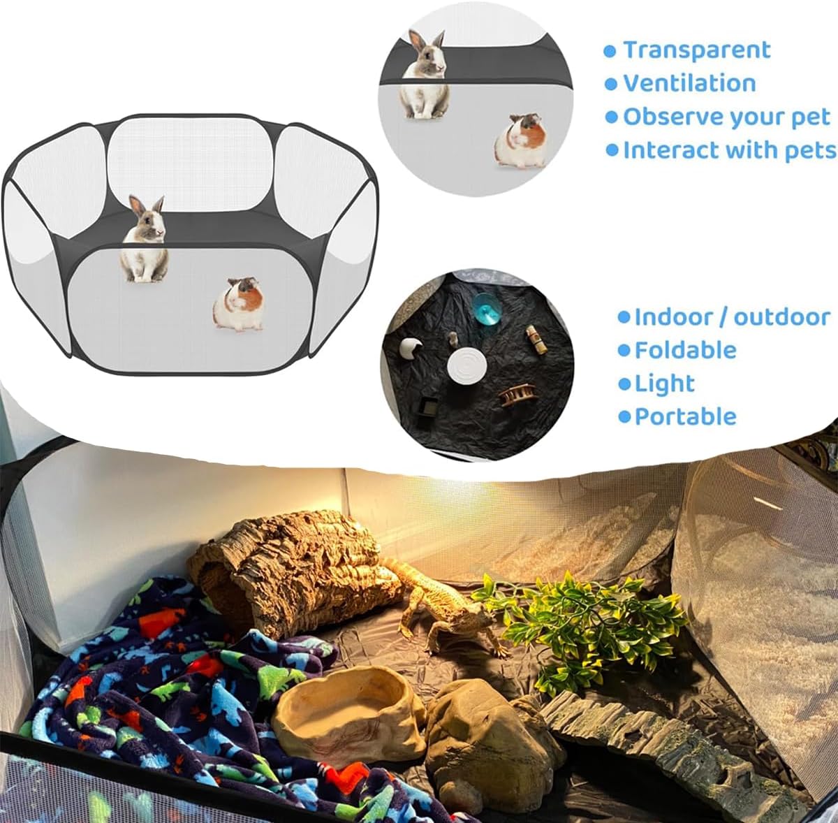 Amakunft 2 in 1 Small Animal Playpen with Waterproof Pad, Pop-Up Portable Play Yard for Guinea Pigs, Rabbits, Hamsters, Hedgehogs, Foldable Exercise Fence with Breathable Mesh for Indoor Outdoor Use