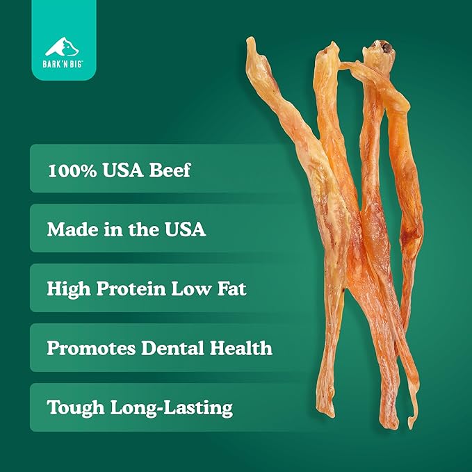 BARK'N BIG Beef Tendons for Dogs Made in USA - Single Ingredient Dog Treat - Premium All-Natural 100% USA Beef, High Protein, Low Fat, Tendon Chews for Dogs - 8-12 Inch - 12 Ct