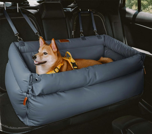 FUNNYFUZZY Dog Car Seat for Small Dogs, Waterproof Dog Car Bed with Storage Pocket, Safety Clip-On Dogs Leash, Detachable Portable Pet Carseat (Slate Blue, 37.4 * 16.5 * 17.7 inches)