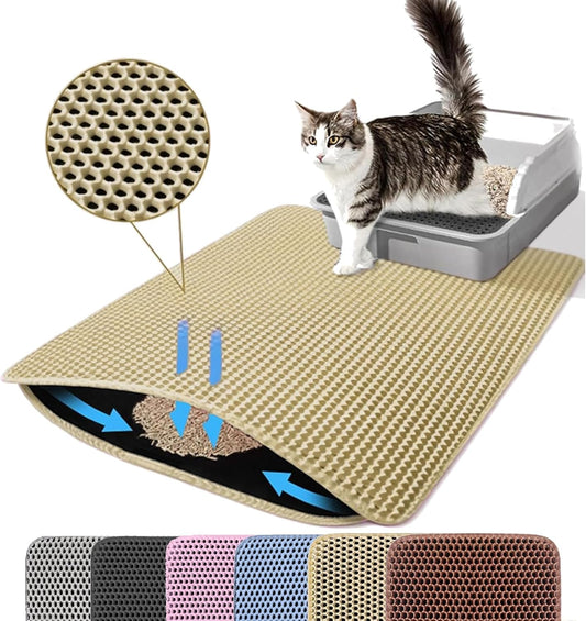 Cat Litter Mat, 24x18 Inches Large Double Layer Honeycomb Cat Litter Trapping Mat, Non Slip Waterproof Urine Proof Cat Litter Box Mat for Floor, Kitty Litter Rug, Cat Supplies, Beige