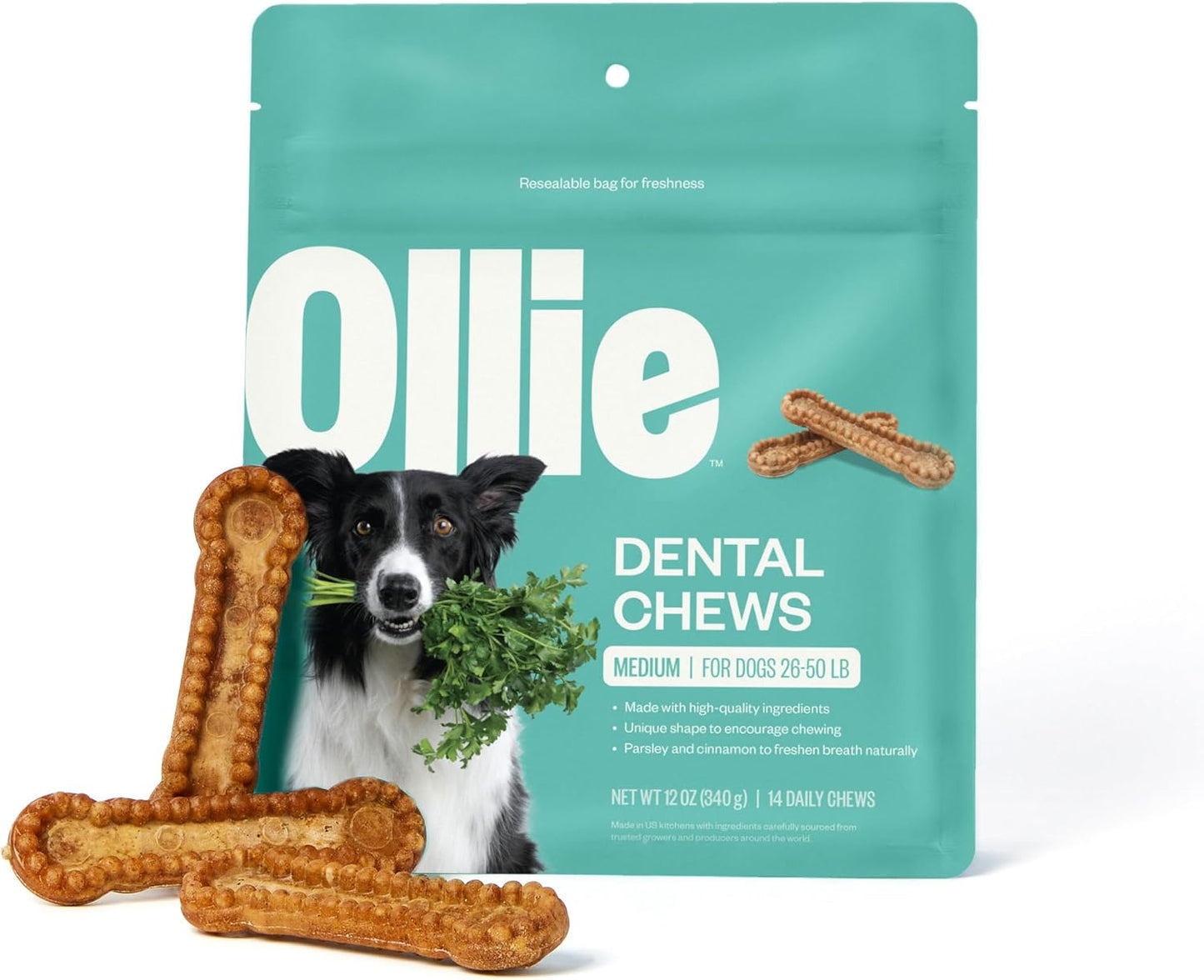 Ollie Dental Chews for Medium Dogs, 12 Oz, Fresh Breath, Teeth Cleaning Treats, Sticks for Dog Oral Care, with Parsley and Cinnimon, for Pups 26-50 lbs