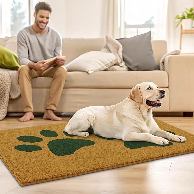 Buganda Dog Door Mat for Muddy Paws, Absorbent Dirt Trapper Washable Indoor Doormats, Non Slip Low-Profile Mud Mat for Dogs, Front Entrance Doormat for Inside Floor (36x24 Inches, Yellow and Green)