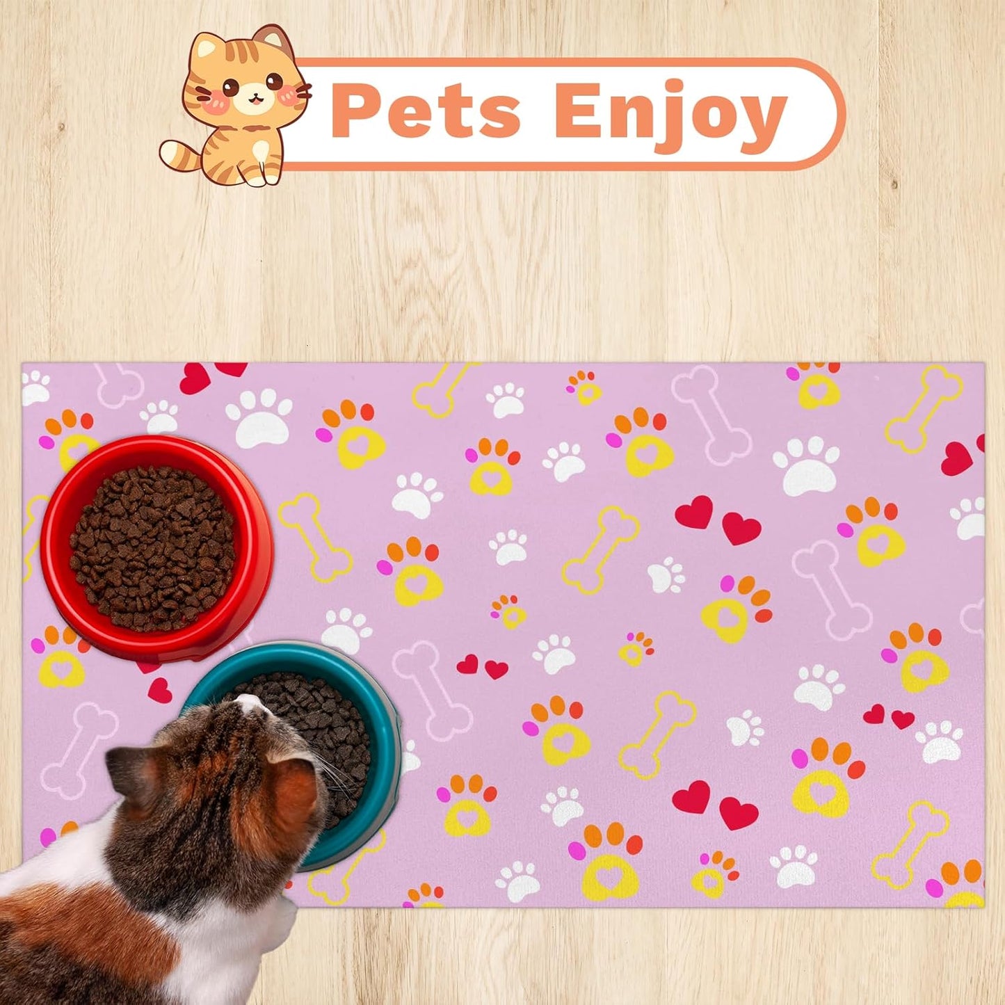 Pet Dogs Cats Food Mat, Pink Bone Dog Claw Pet Feeding Pad, 12 * 20 Inch Absorbent Dog Food Mat, Cat Dish Mat for Food and Water, Suitable for Dog Cat or Other Pets
