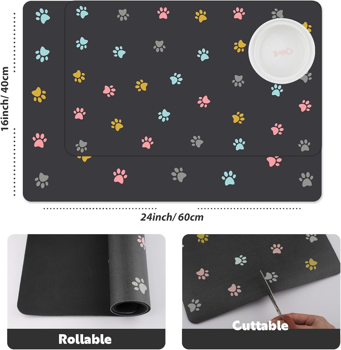 Cat Food Mat Absorbent Dog Mat for Food and Water Non Slip Quick Dry Dog Bowl Mats for Floors 24" X 16" Paw Dark Gray