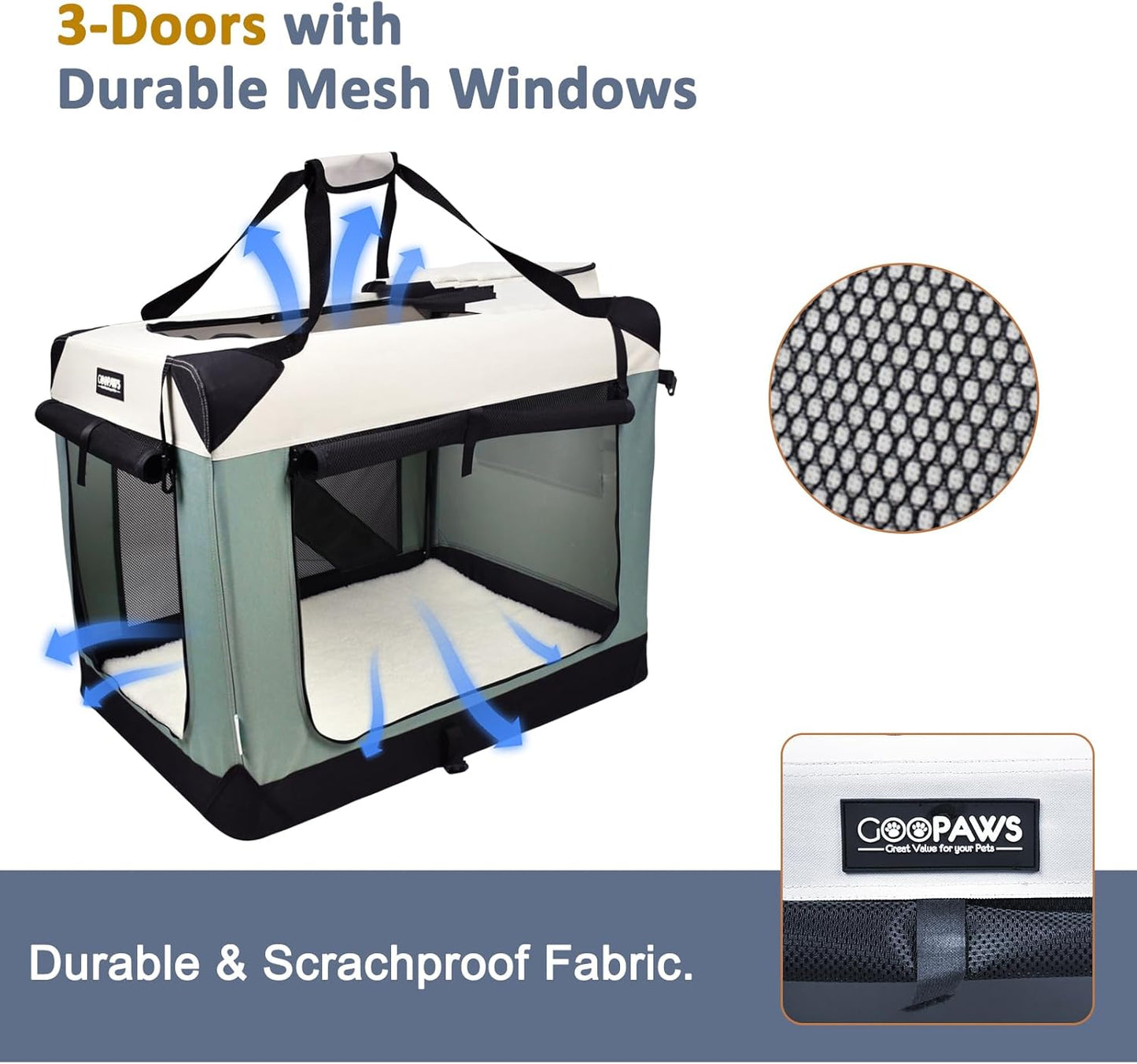 JESPET Soft Dog Crates Kennel for Pets, 3 Door Soft Sided Folding Travel Pet Carrier with Straps and Fleece Mat for Dogs, Cats, Indoor & Outdoor Use (5-Shale Green, X-Large(36" L x 24" W x 27" H))