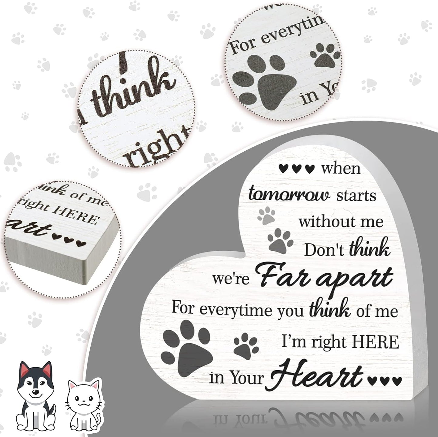 Maitys Pet Memorial Gifts Bereavement Remembrance for Loss of Dog Cat Sympathy Condolence Gifts Heart Shaped Wood Sign When Tomorrow Starts Without Me Wooden Plaque for Table Desk Decor(White)