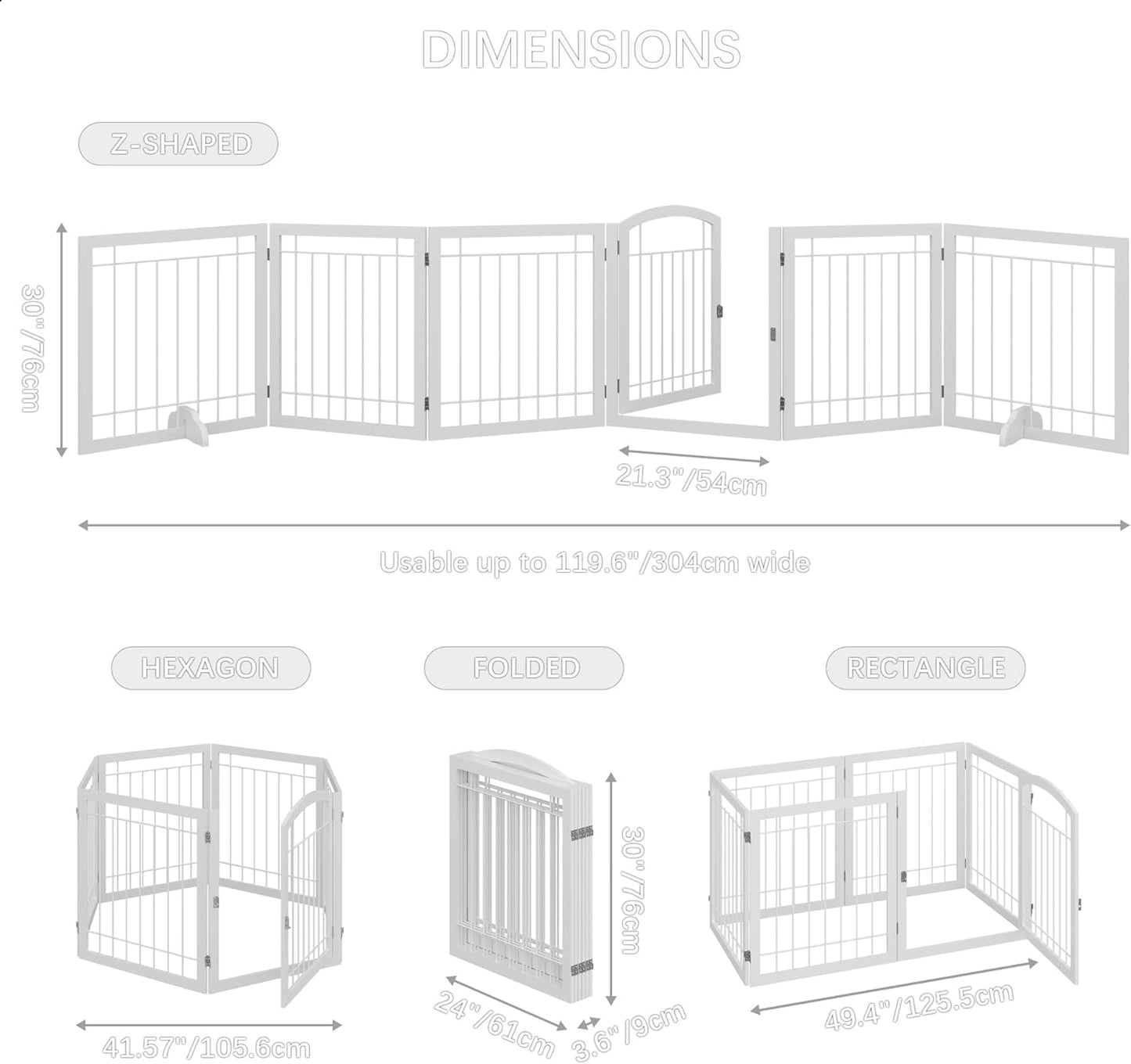 JSB 144-inch Extra Wide 30-inch Tall Dog gate with Door Walk Through, Freestanding Pet Gate for Halls, Stairs & Home, Pet Puppy Safety Dog Fence with 2PCS Support Feet (White)