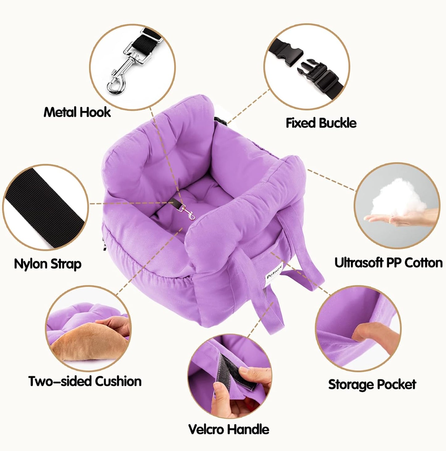 Dog Car Seat for Small Dogs, Portable Puppy Car Seat of Easy Installation, Fashionable Pet Carrier Bag with Large Pockets, Machine Washable Dog Booster Seat (Purple)