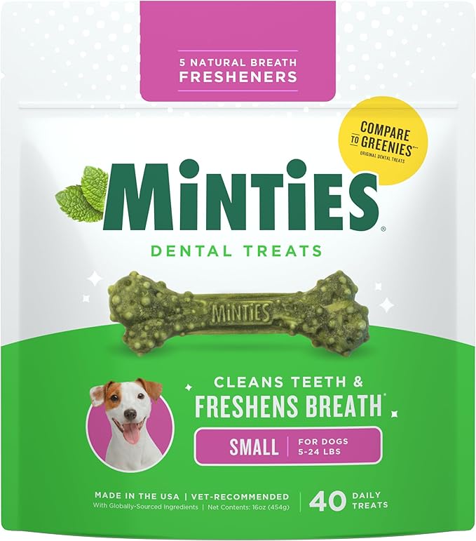 Minties Dental Chews for Dogs, 40 Count, Vet-Recommended Mint-Flavored Treats for Tiny/Small Dogs 5-24 lbs, Dental Bones Clean Teeth, Fight Bad Breath, and Removes Plaque and Tartar